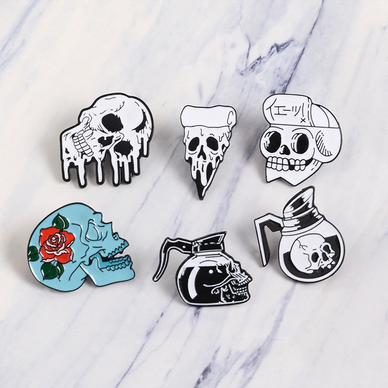 Skull Pins Rose Flowers Japanese warrior Skull enamel pins badges Coffee Flower Pizza Skeleton Brooches Lapel pins Punk Jewelry