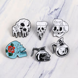 Skull Pins Rose Flowers Japanese warrior Skull enamel pins badges Coffee Flower Pizza Skeleton Brooches Lapel pins Punk Jewelry
