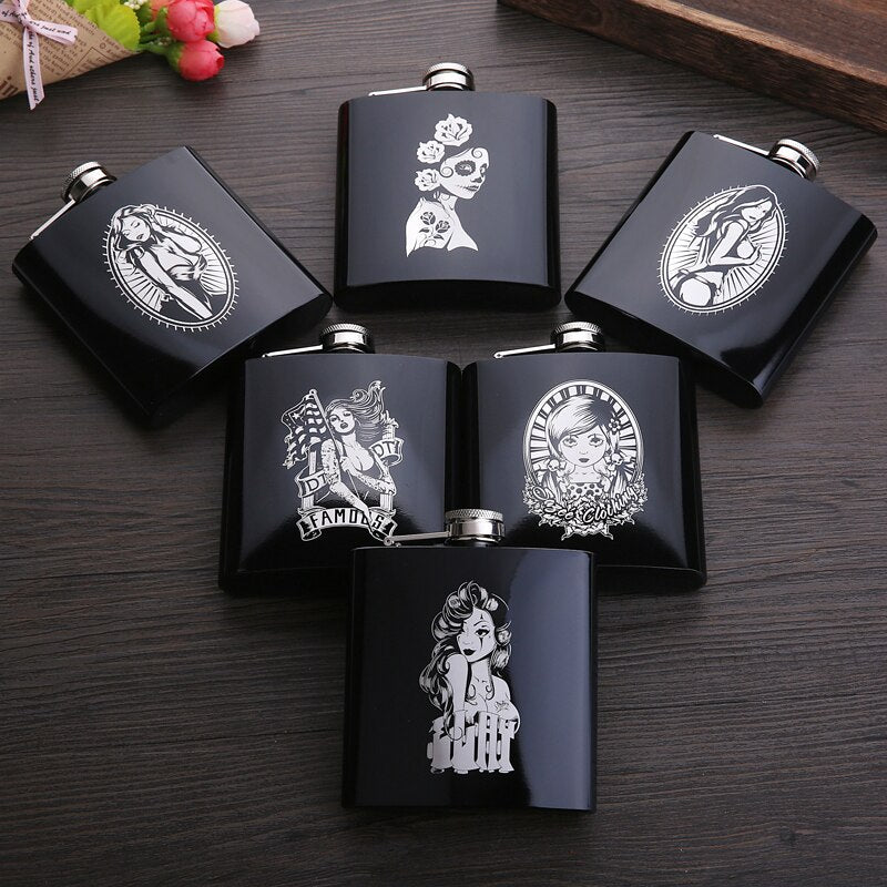 6 OZ Black *Skull Stainless Steel Hip Flask  *Custom Made