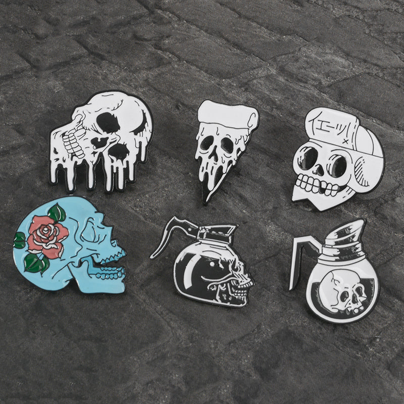 Skull Pins Rose Flowers Japanese warrior Skull enamel pins badges Coffee Flower Pizza Skeleton Brooches Lapel pins Punk Jewelry