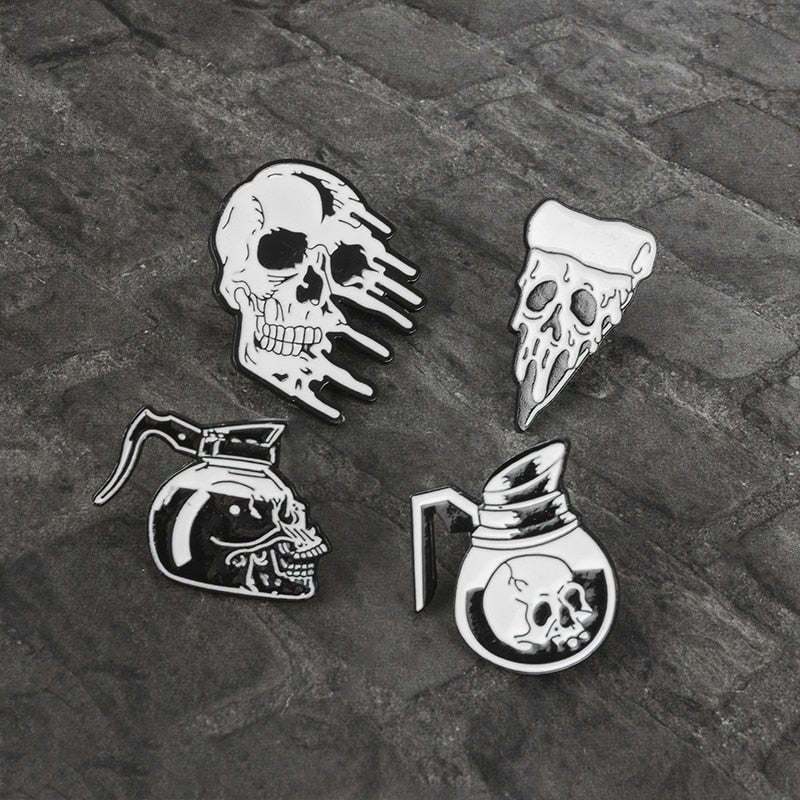 Skull Pins Rose Flowers Japanese warrior Skull enamel pins badges Coffee Flower Pizza Skeleton Brooches Lapel pins Punk Jewelry