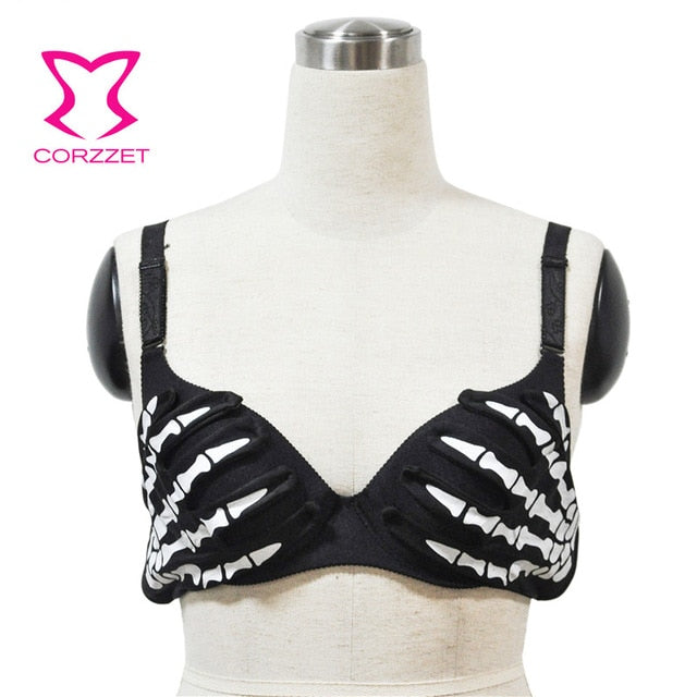 Gothic Black Skull Skeleton Hands Push Up Bra