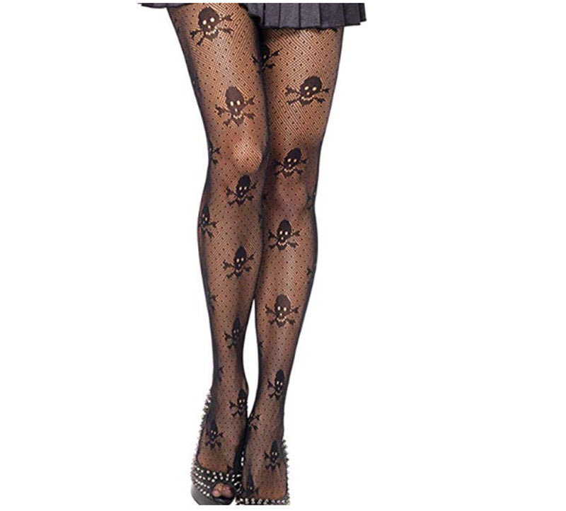 Ladies Black Skull Print Fishnet Pantyhose