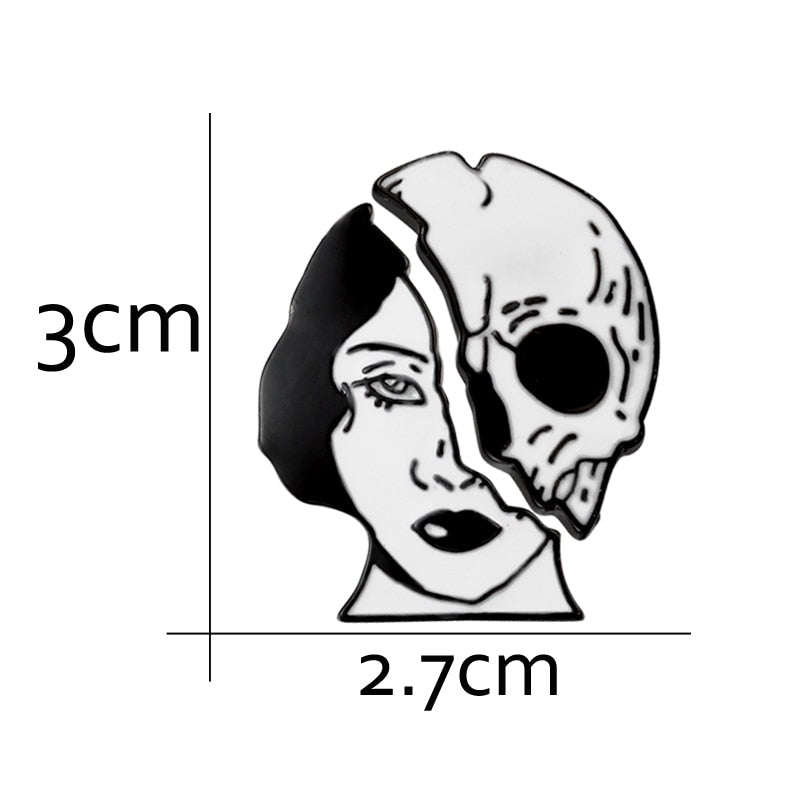 Cool Gothic Half Beauty Half Skull Enamel Pin / Brooch