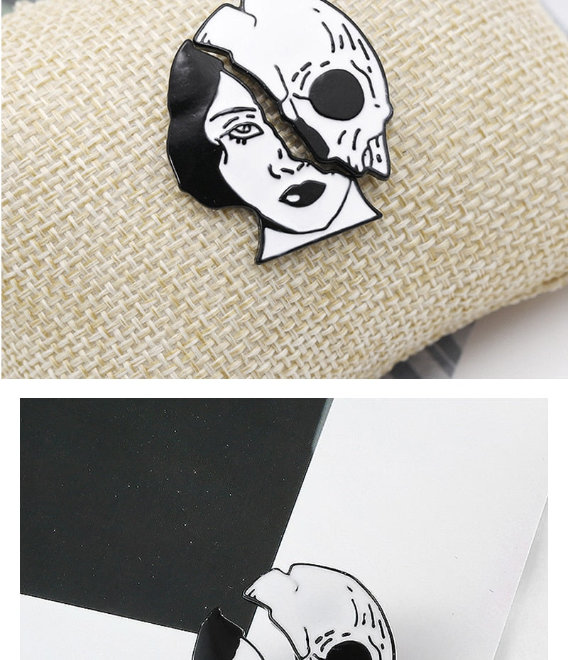 Cool Gothic Half Beauty Half Skull Enamel Pin / Brooch