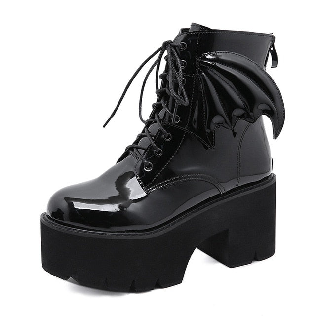 Gothic Angel Wing Patent Leather Platform Boots Skulls Expo
