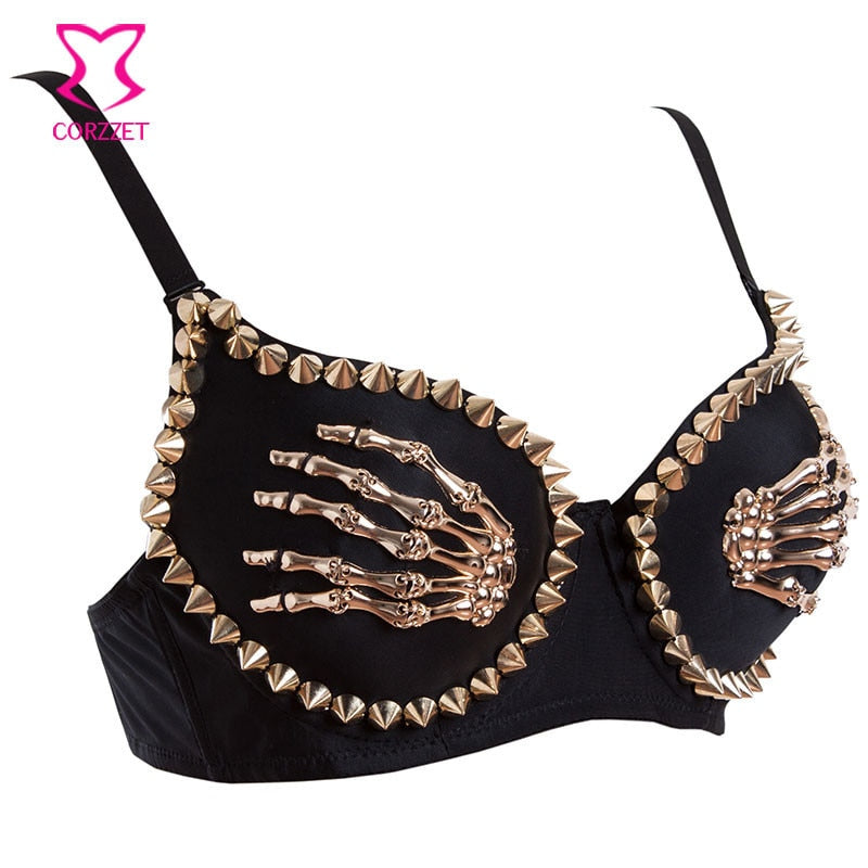 Gold Skull Hand Punk Bra Push Up Strapless Bra
