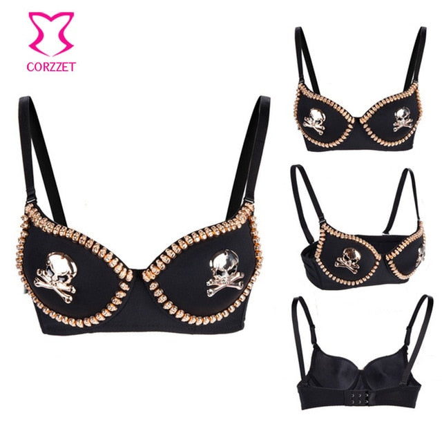 Black Gothic Bralette Gold Skull Stud Brassiere