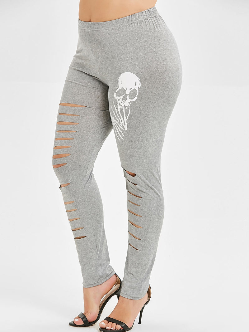 Plus Size Skull Print Ripped Leggings