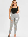 Plus Size Skull Print Ripped Leggings