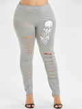 Plus Size Skull Print Ripped Leggings