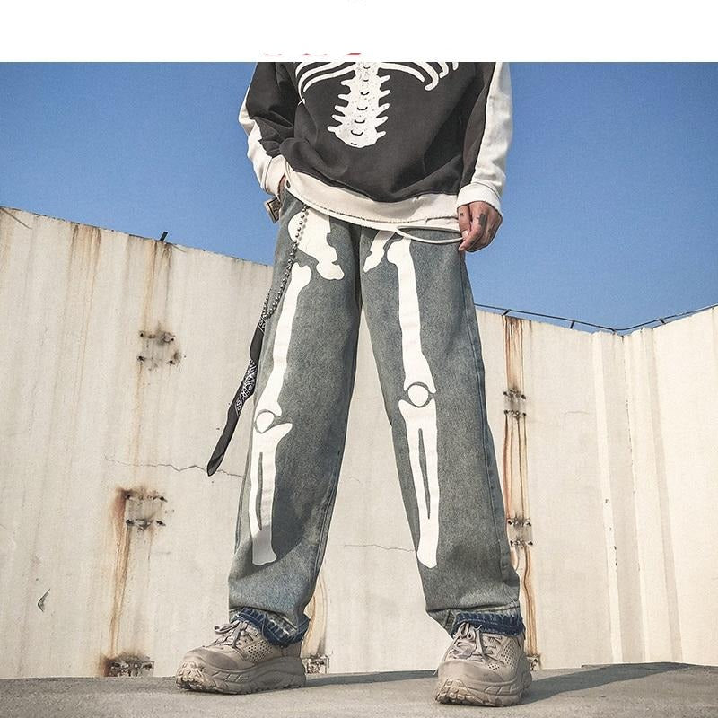 Skeleton Oversized Black Jeans  *2020 Denim Men's Streetwear  *Hip Hop Skeleton Pants  *High Waist Denim 