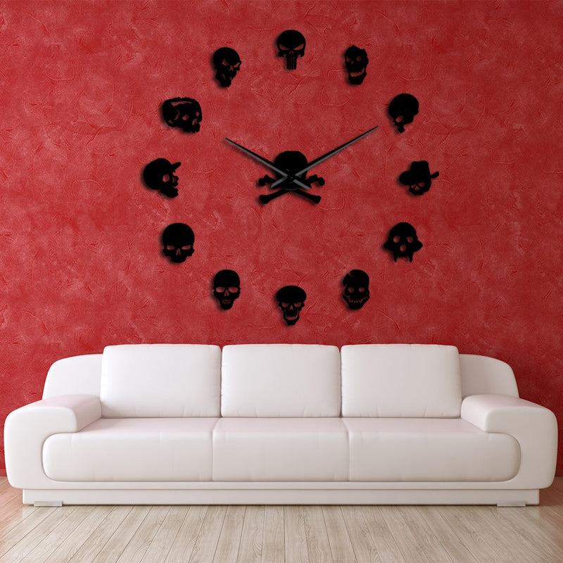 DIY Horror Wall Art Giant Wall Clock Big Needle Frameless Zombie Heads Large Wall Watch Halloween Decor