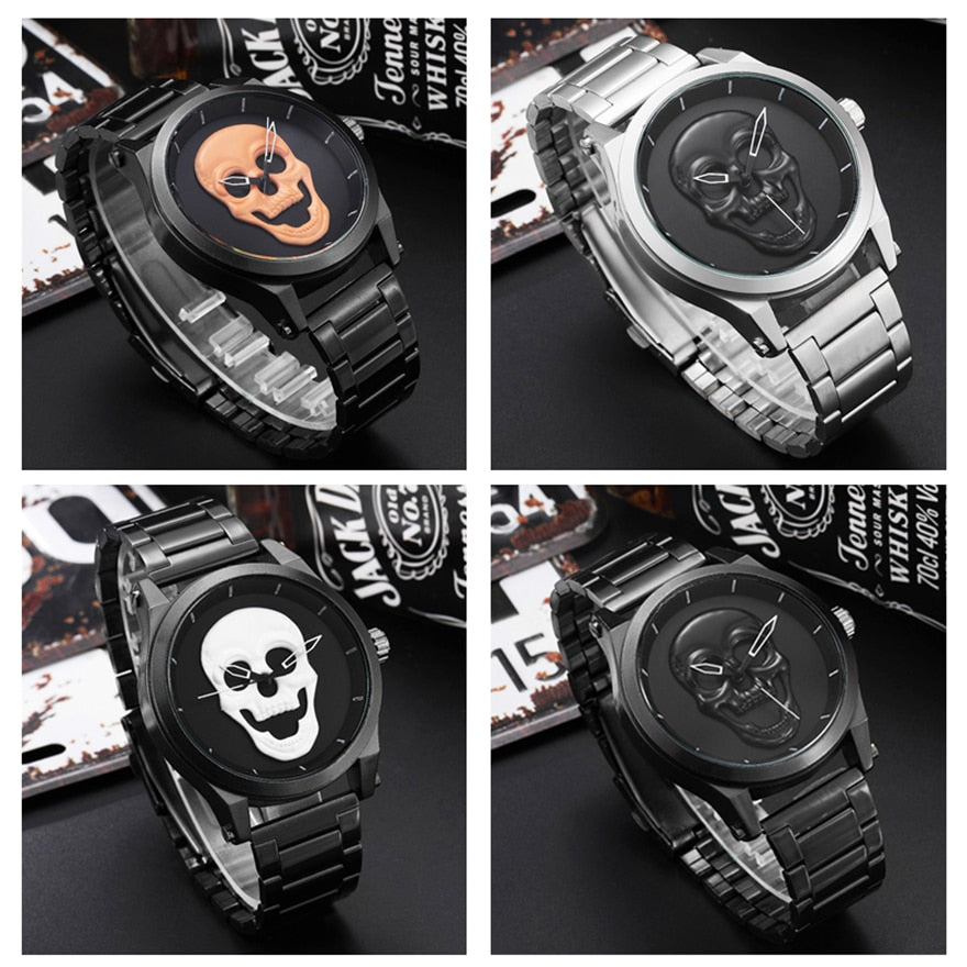 Luxury Skull Men Watches Steampunk  reloj hombre Engrave Stainless Steel Quartz Mens Creative Male Wrist Clock Relogio Masculino