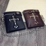 Men's Skull Head Cross Black PU Leather Biker Zipper Wallet with Long Key Chain