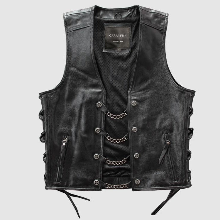 4XL Men's Genuine Leather Vest *Metal Chain *Biker Vest *Motorcycle Sleeveless Jackets
