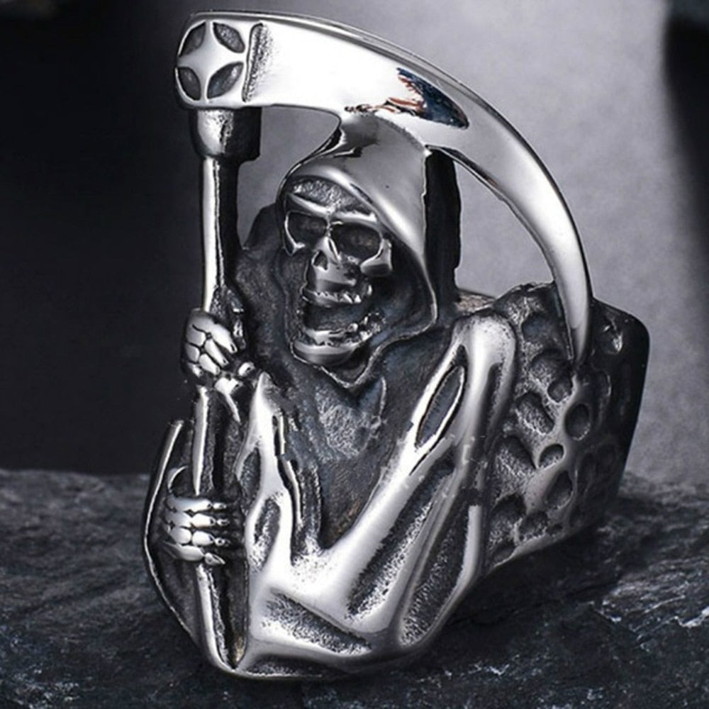 Vintage Punk Style Stainless Grim Reaper Skull Ring for Men Halloween Men's Gift Rings