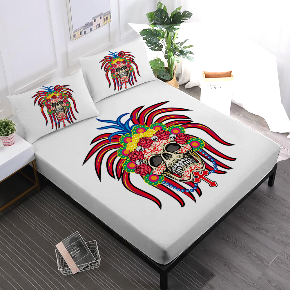 Boho Colorful Skull Print Bed Sheets Tribal Skeleton Fitted Sheet Halloween Grim Reaper Bed Linens Pillowcase Home Decor D45