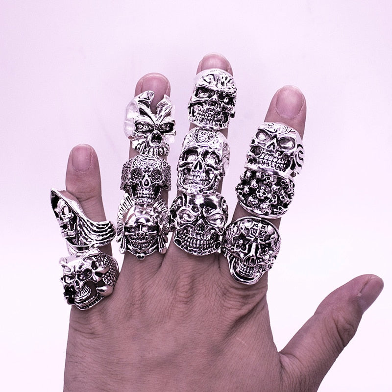 Free Shipping Mix 10 Piece Top quality Gothic Punk Assorted Wholesale Lots Skull Style Bikers Men's Vintage Tibetan Silver Rings