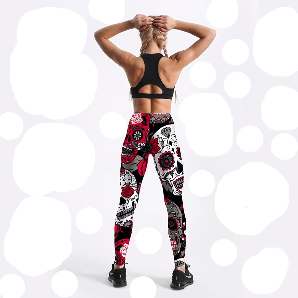 Women's Skull & Flower Black Leggings Digital Print  Stretch Pants Plus Size