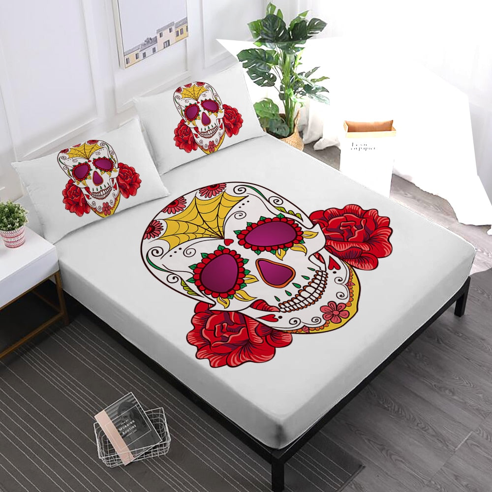 Hippie Sheets Set Sugar Skull With Flowers Print Fitted Sheet skeleton Flat Sheet Pillowcase Day of the Dead Gift Home Decor D30