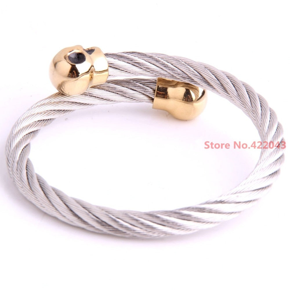 Luxury Stainless Steel Twisted Cable Wire Skull Bracelet Cuff Bangle Bracelets For 22.5mm Jewelry