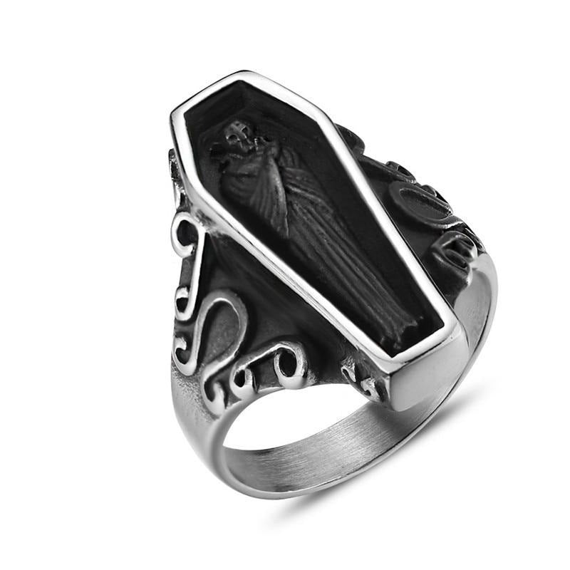 Vintage Retro Punk Stainless Steel Coffin Fashion Skeleton Rings Punk Titanium Steel Skull Rings Men Anel Jewelry Bague Jewelry