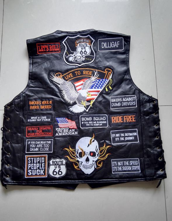 Mens Black Genuine Leather Motorcycle Vest w/ 42 Patches US Flag Eagle Biker Vests S-3XL