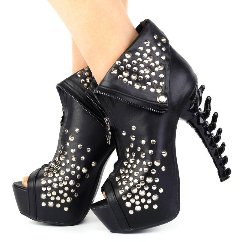 LF80632 Peep Toe Punk Zip Stud Skull High-top Bone Heel Platform Sandal Ankle Boot Black