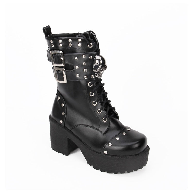 Steampunk Women Leather Rivets Boots Lolita Girls Shoes Punk Skull Boots Winter Black Thick Bottom Boots With Buckles