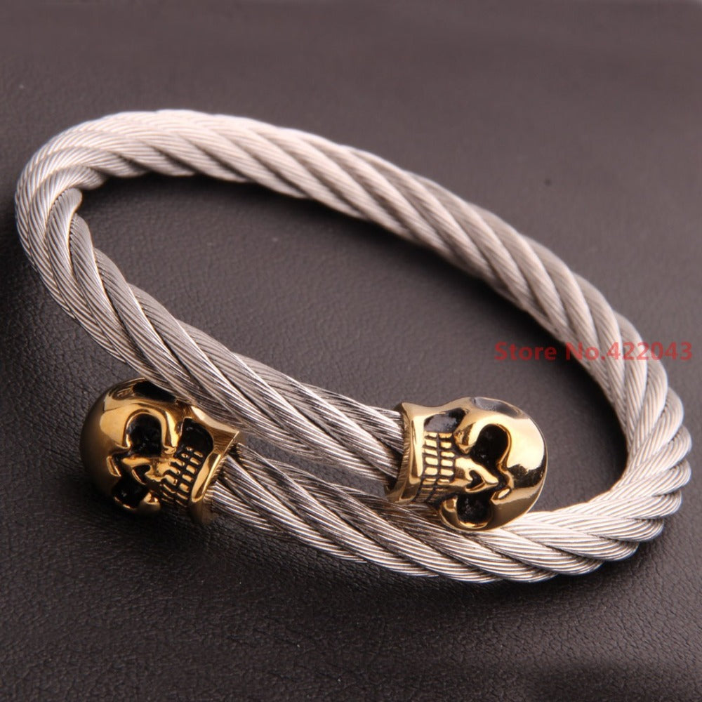 Luxury Stainless Steel Twisted Cable Wire Skull Bracelet Cuff Bangle Bracelets For 22.5mm Jewelry