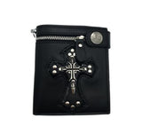 Men's Skull Head Cross Black PU Leather Biker Zipper Wallet with Long Key Chain