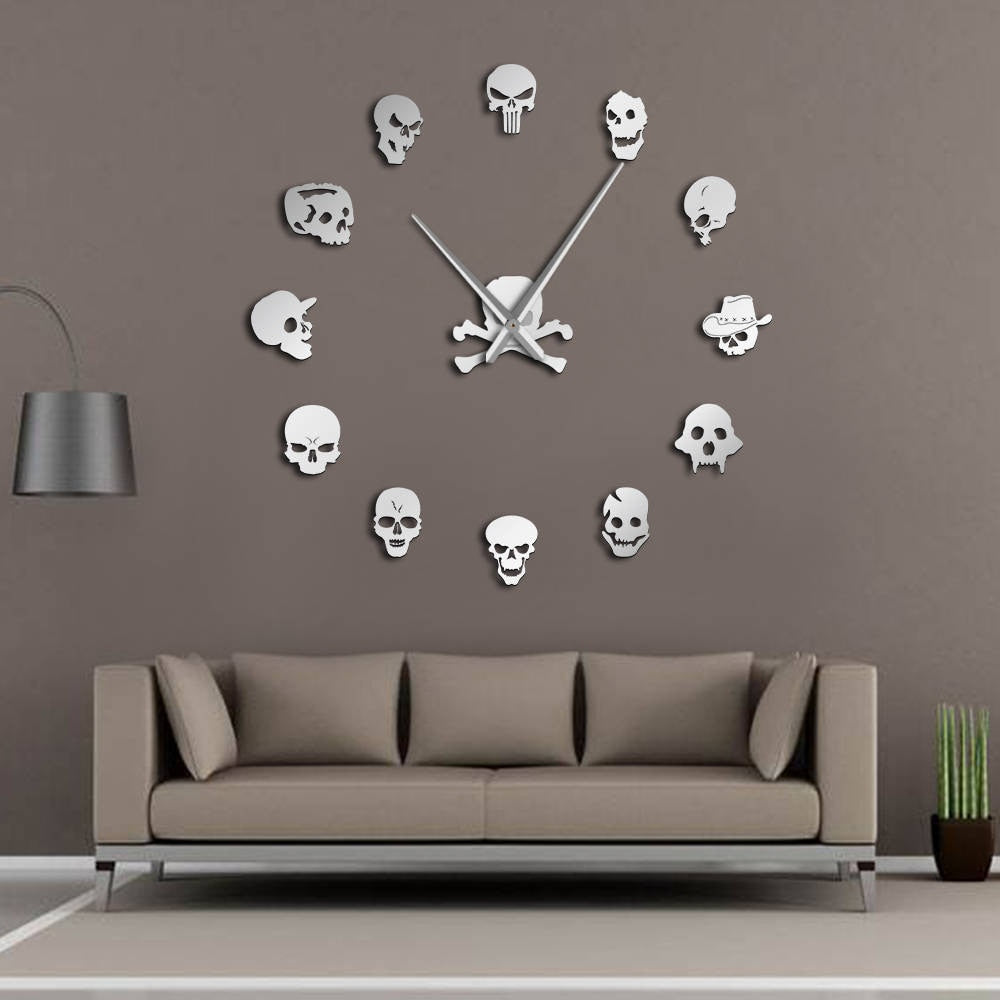 DIY Horror Wall Art Giant Wall Clock Big Needle Frameless Zombie Heads Large Wall Watch Halloween Decor