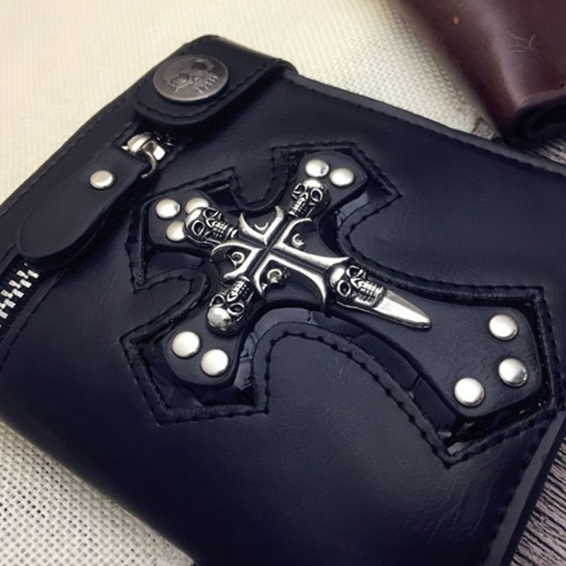 Men's Skull Head Cross Black PU Leather Biker Zipper Wallet with Long Key Chain