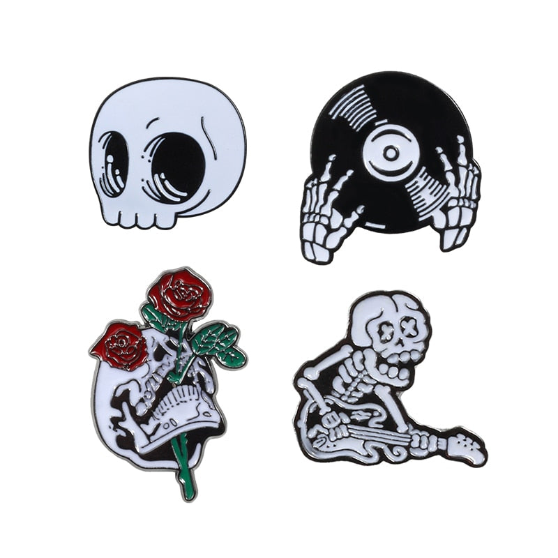 Gothic Skeleton Enamel Pins Skull Rose Skeleton With Guitar Brooch Bag Badges Jean Lapel Pin Jewelry Gift for Friend Accessories