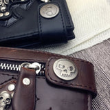 Men's Skull Head Cross Black PU Leather Biker Zipper Wallet with Long Key Chain