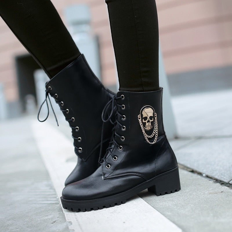 Ankle Boots for Women  *Skull Lace up Platform Shoes