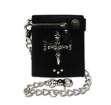 Men's Skull Head Cross Black PU Leather Biker Zipper Wallet with Long Key Chain