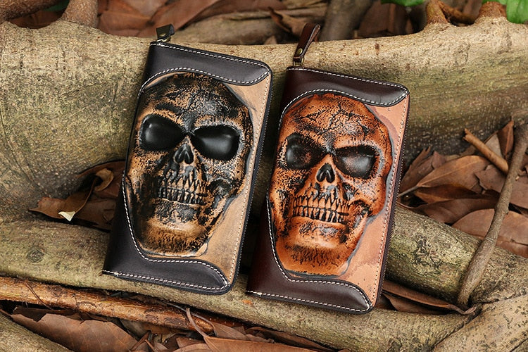 Free Shipping,new punk type tanning cowhide skeleton skull wallet,men's zipper purse,multi-functional handbag.business cool gift