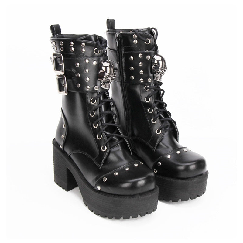 Steampunk Women Leather Rivets Boots Winter Black With Buckles