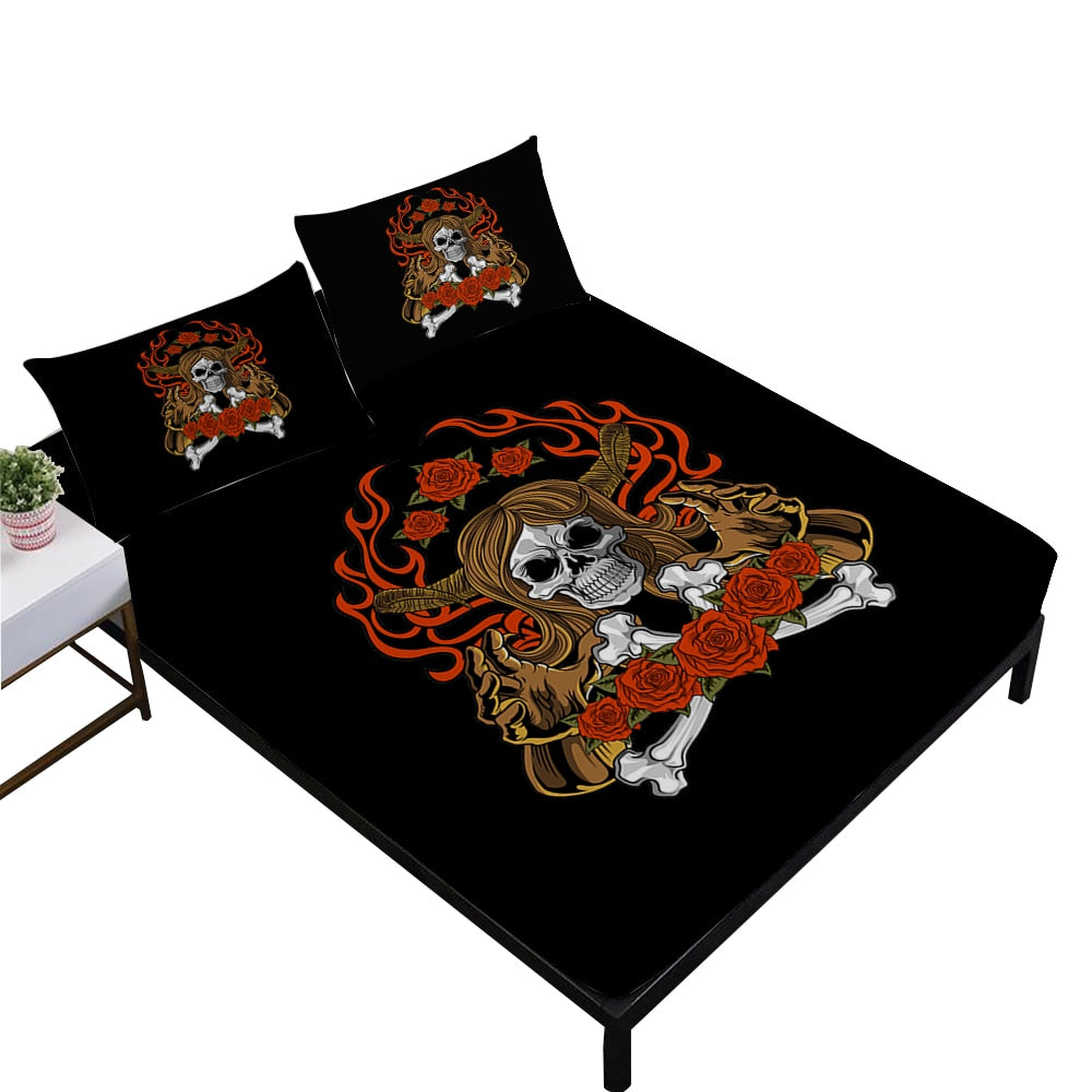 Gothic Skull Print Bed Sheets Tribal Skeleton Fitted Sheets