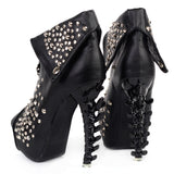 LF80632 Peep Toe Punk Zip Stud Skull High-top Bone Heel Platform Sandal Ankle Boot Black