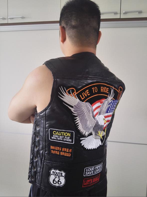 Men's Genuine Leather Motorcycle Vest With14 Patches US Flag Eagle Biker Vests High Quality Sheepskin US S-3XL