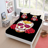 Hippie Sheets Set Sugar Skull With Flowers Print Fitted Sheet skeleton Flat Sheet Pillowcase Day of the Dead Gift Home Decor D30