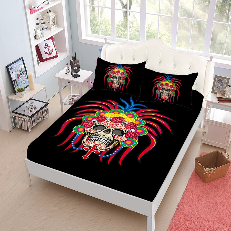 Boho Colorful Skull Print Bed Sheets Tribal Skeleton Fitted Sheet Halloween Grim Reaper Bed Linens Pillowcase Home Decor D45