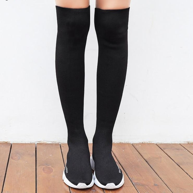 Elasticised Over The Knee Boots * Black Sock Boots  *Long Thigh High Slim  Sock Boots with Sneaker Base 