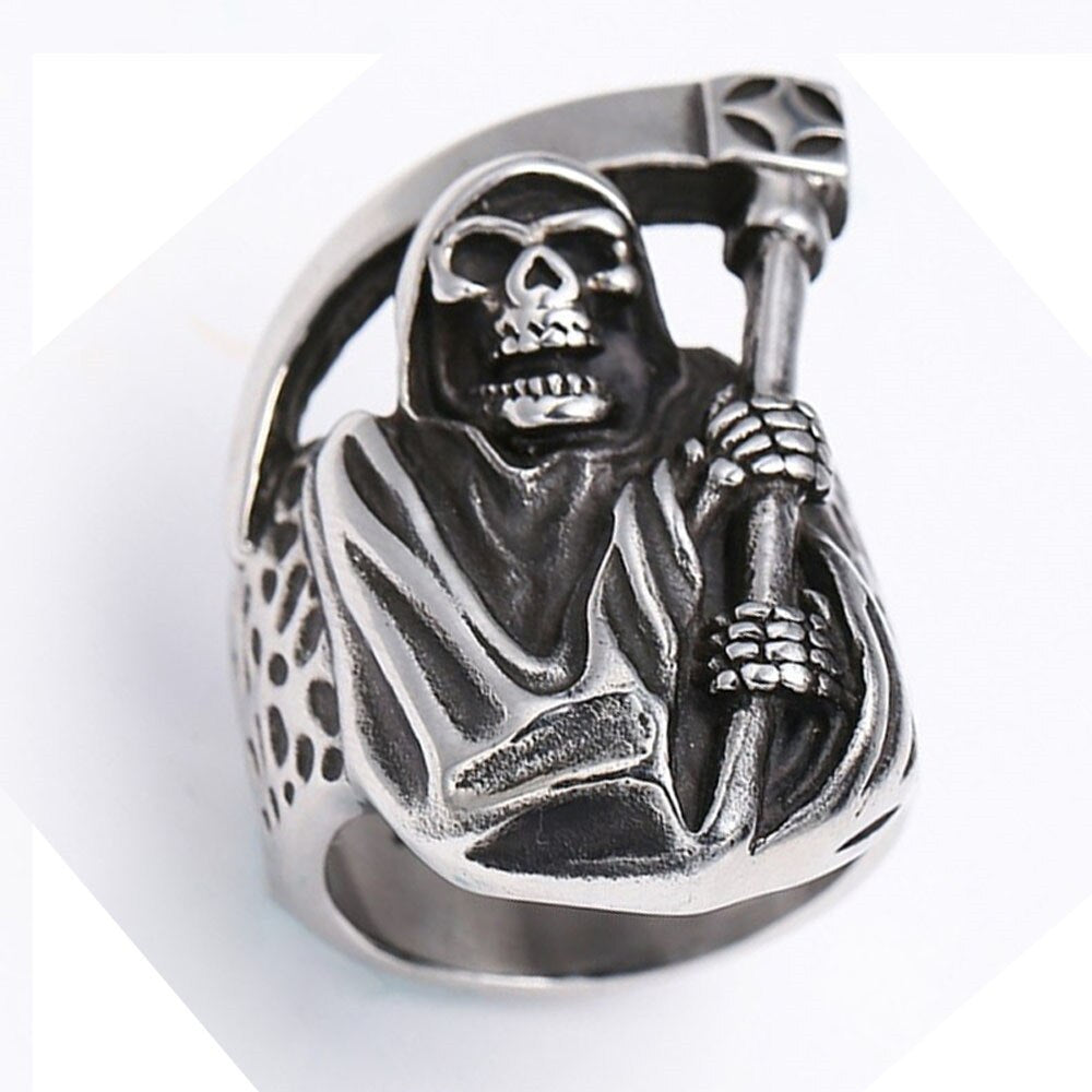Mens Boys Vintage Rugged Skull Rings Fashion Punk Party Biker Jewelry Skull With A Sickle Ring Halloween Explosion Jewelry