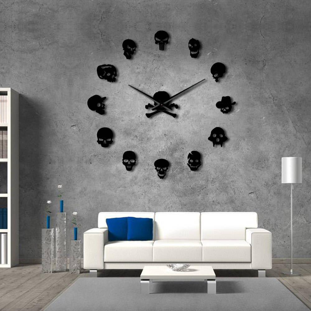 DIY Horror Wall Art Giant Wall Clock Big Needle Frameless Zombie Heads Large Wall Watch Halloween Decor