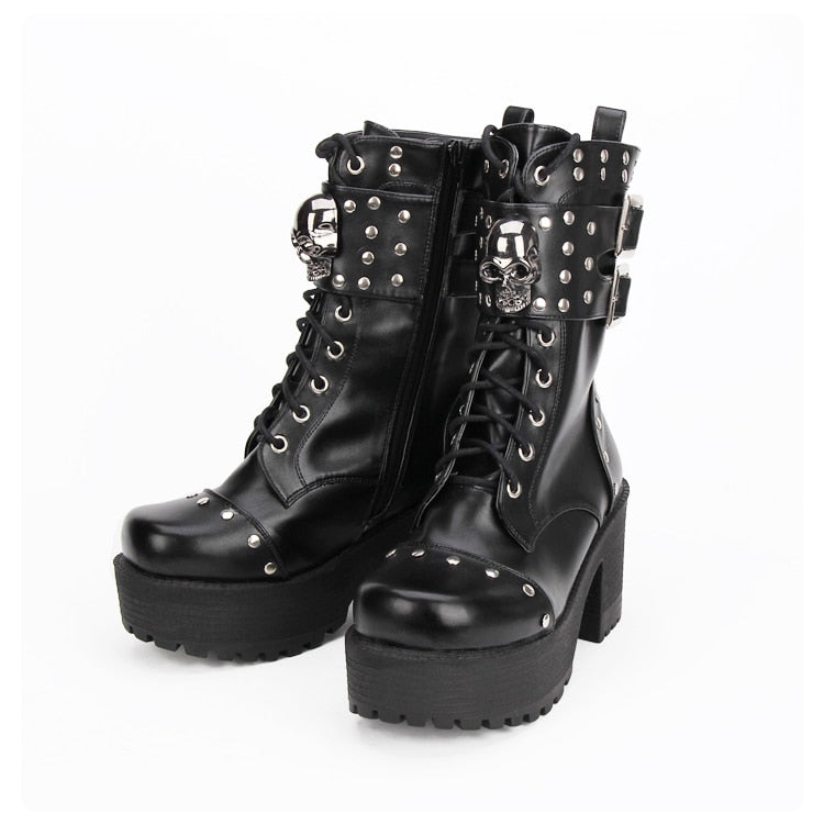 Steampunk Women Leather Rivets Boots Lolita Girls Shoes Punk Skull Boots Winter Black Thick Bottom Boots With Buckles