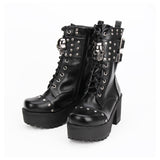Steampunk Women Leather Rivets Boots Winter Black With Buckles